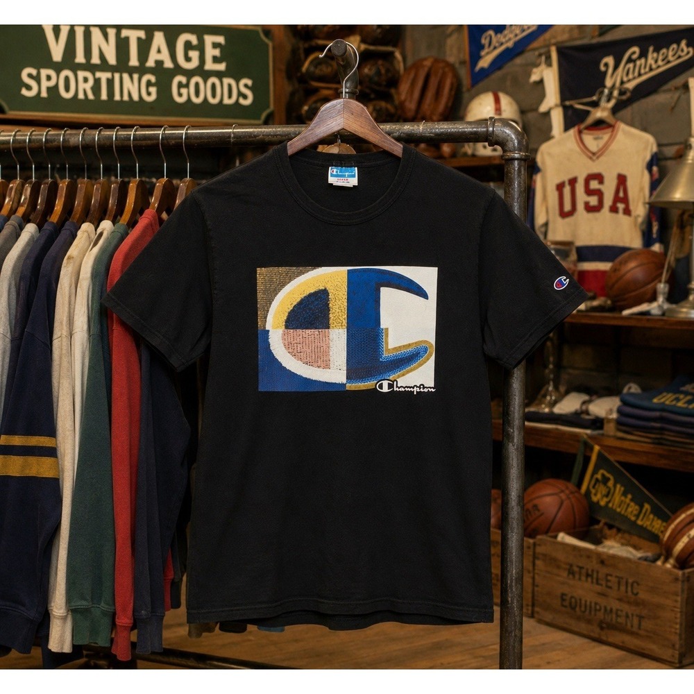 Y2K Champion Heritage Series Graphic Logo T Shirt Large Black Heavyweight Vintge - Picture 3 of 13
